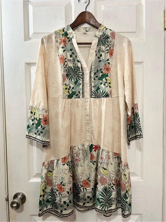 Dresses & Skirts - Tropical Floral Border Print Tunic Dress Boho Resort Cream Botanical M Festival